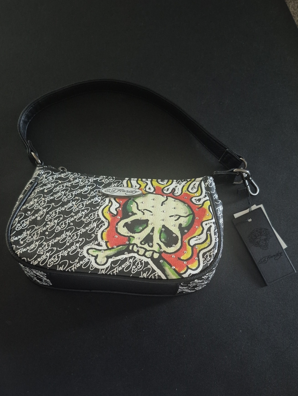 Ed Hardy Black Mini Shoulder Bag with Bling Flaming Skull Graphic